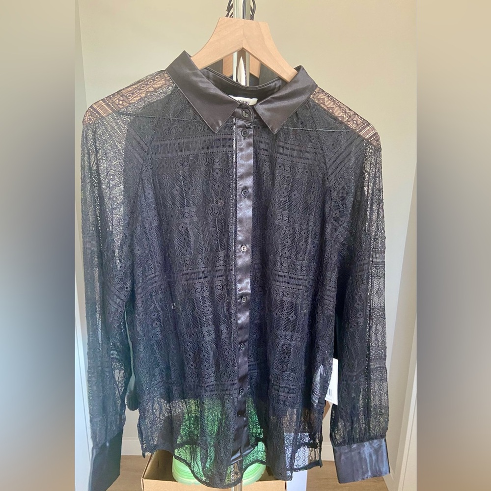 L 🔖 JASON WU Lace See Through Button Down Shirt Blouse Silk Black $240
